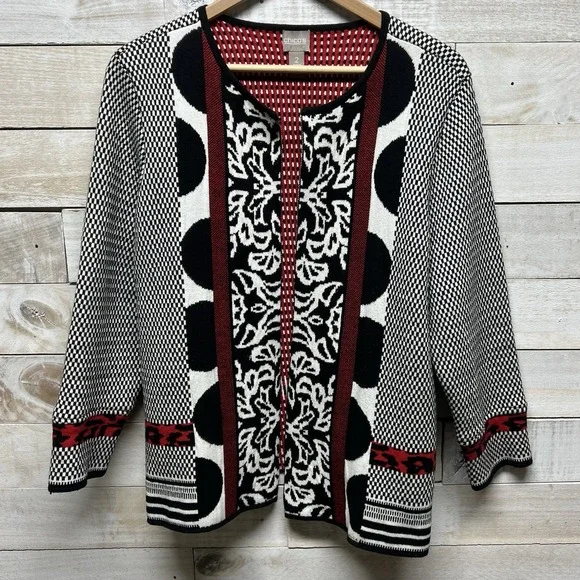 Chicos Sweater Cardigan Jacket Womens 2 US 12 Large Black Red Artsy Geometric - Picture 2 of 9